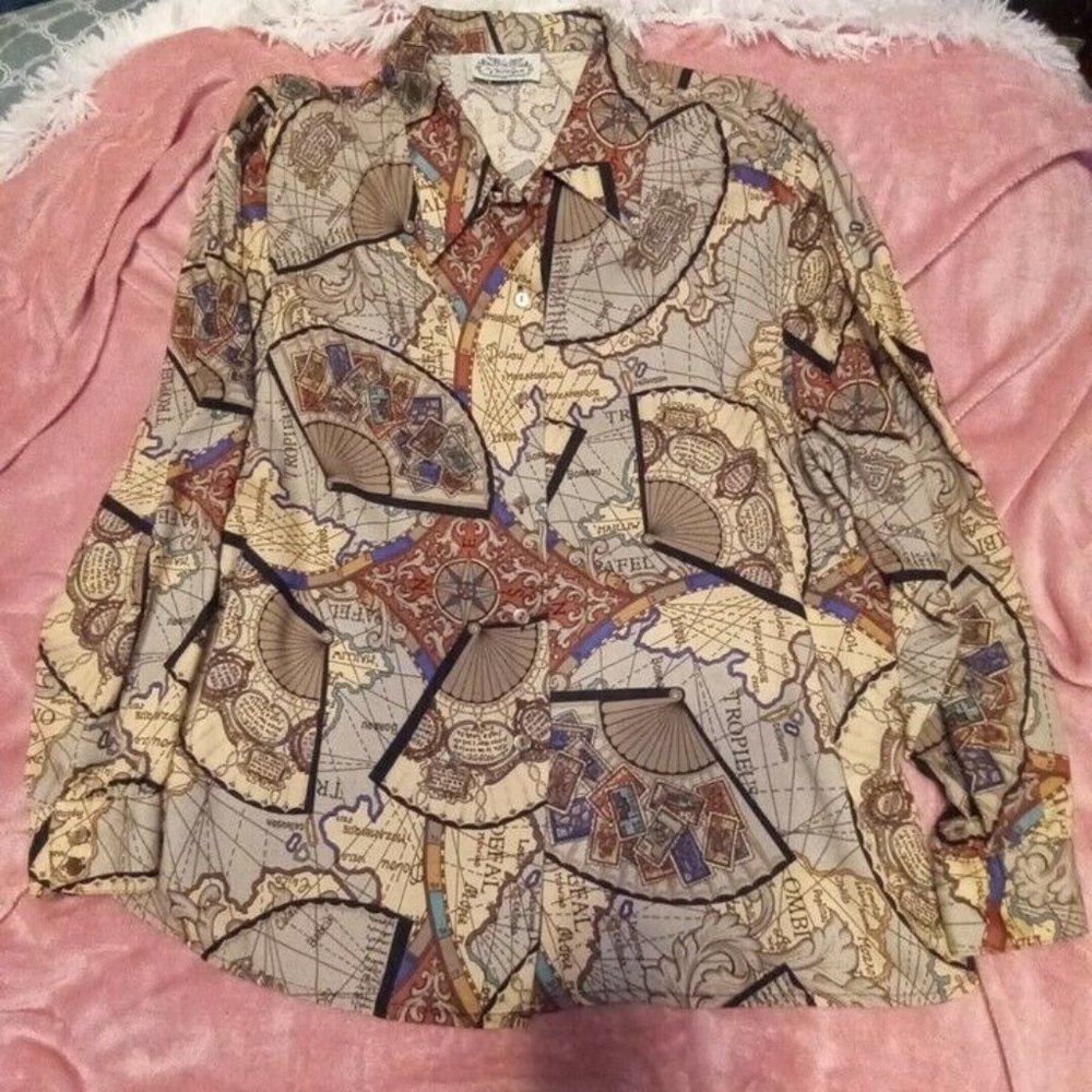 Vintage The Villager Long-sleeve Button-up Shirt Mapping Design Pattern XL